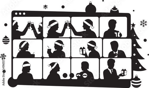 Virtual Christmas Party with Silhouette People Celebrating Online Together