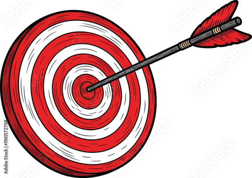 Red and White Dartboard with Arrow Hitting Center Bullseye