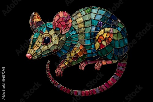 Stained glass Possum, bute made with fine jewelery stone high resolution, black background