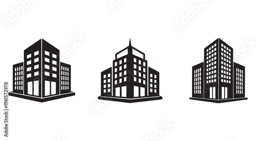 Blackandwhite cityscape icons with multiple office buildings on white background  urban architecture symbols