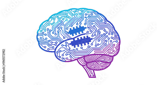 A stylized human brain depicted as a circuit board with integrated chips, illustrating concepts of artificial intelligence and digital thought.