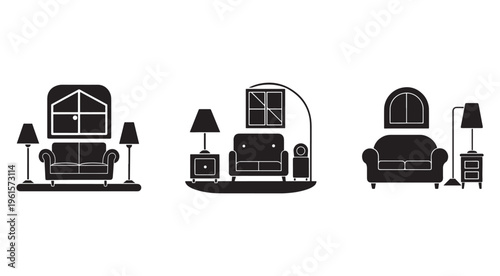 Blackandwhite illustration of living room furniture sets with sofa and lamp and window on white background  home decor icons