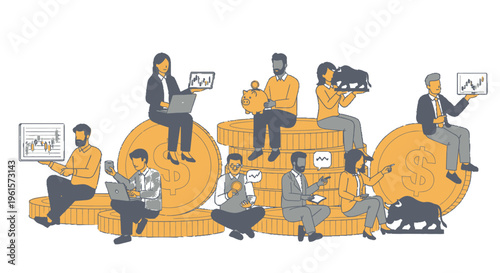 Diverse group of people engaging in financial activities, sitting on large gold coins with laptops, charts, and investment symbols.