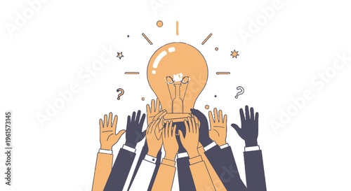 A group of diverse hands collaboratively holding up a glowing lightbulb, symbolizing teamwork, innovation, and shared ideas.