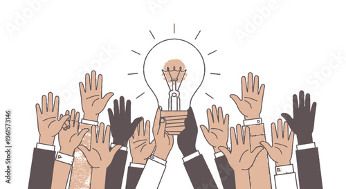 Diverse hands reaching up to hold a glowing lightbulb, symbolizing collective ideas, innovation, and collaborative teamwork.