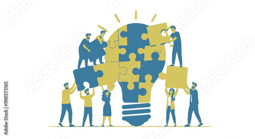 A group of diverse people collaboratively assembling a giant lightbulb made of puzzle pieces, symbolizing teamwork, innovation, and problem-solving.