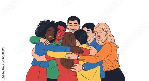 A diverse group of happy people embracing each other, showing unity, friendship, and togetherness.