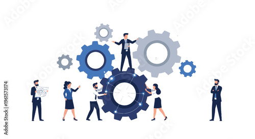A team of business professionals collaborates around interconnected gears, symbolizing teamwork, strategy, and efficient process management in a corporate environment.