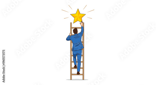 A man in a suit climbs a ladder to reach a shining golden star, symbolizing ambition, success, and achieving goals.