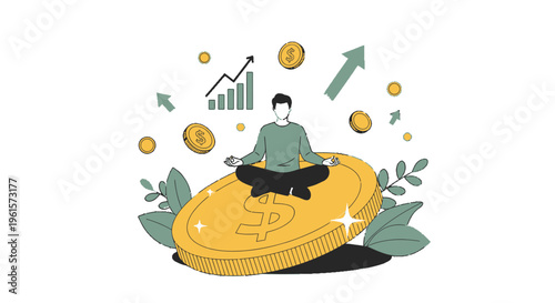 Person meditating on a large golden coin surrounded by financial growth symbols like charts and arrows, representing calm investment and wealth management.