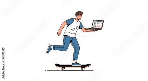 Young man riding a skateboard while holding an open laptop, depicting mobile work or a digital lifestyle.