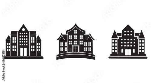 Blackandwhite illustration of three different house silhouettes with multiple windows and doors on white background  houses  buildings  architecture