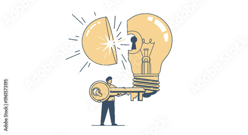 A person unlocking a giant lightbulb with a key, symbolizing the discovery of an idea or solution.