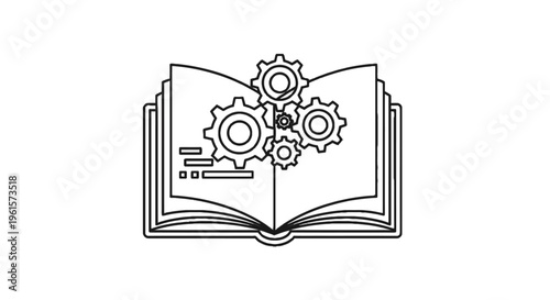 Line art illustration of an open book with gears, symbolizing knowledge, learning, and mechanical processes.
