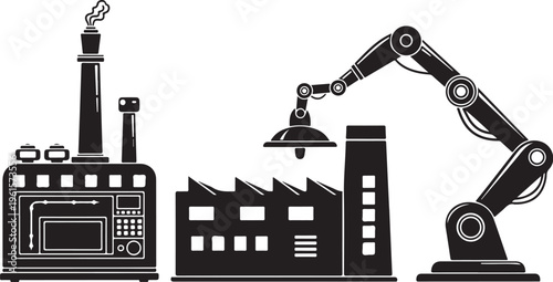 Industrial factory scene with robotic arm and machinery