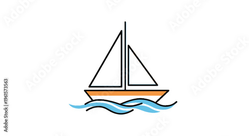 A simple line art illustration of a sailboat with brown hull and white sails floating on blue waves.