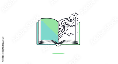 An open book with one page showing a geometric design and the other page illustrating digital code and circuit patterns, representing the intersection of knowledge and technology.