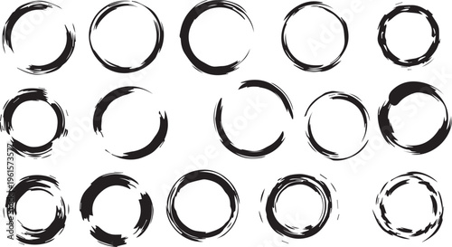 Hand-drawn brush stroke circles set, artistic grunge rings vector illustration