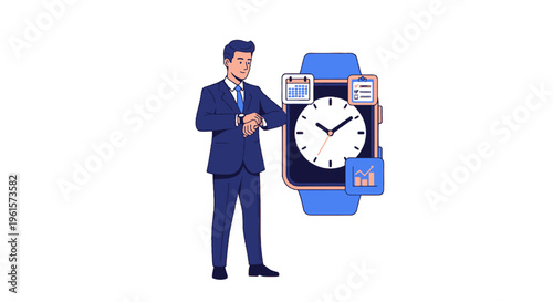 A businessman in a suit checking his smartwatch, with a large stylized smartwatch displaying productivity and time management icons.