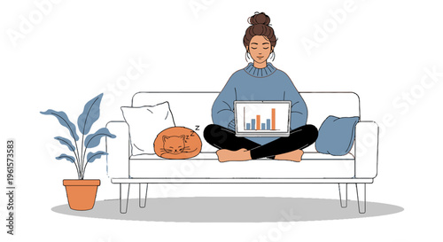 Illustration of a young woman working remotely on her laptop from a comfortable sofa at home, analyzing data with a bar chart.