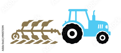 Minimal flat vector drawing of a tractor pulling a plow in side view on a white background.