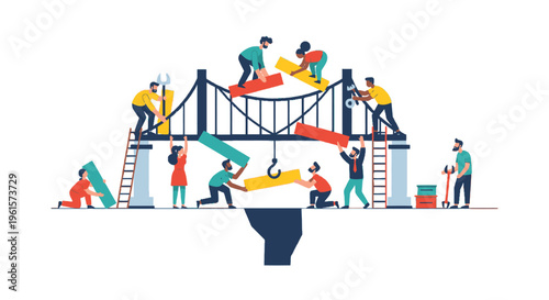 Diverse group of people collaborating to construct a bridge, symbolizing teamwork, partnership, and collective effort in building infrastructure.