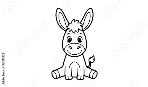 Cheerful sitting donkey cartoon coloring page vector illustration for kids isolated on white