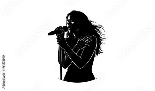 Dramatic female singer silhouette with microphone in expressive pose vector illustration isolated on white