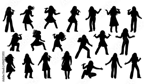 Dynamic female singer silhouette collection with multiple performance poses and microphone actions isolated on white background