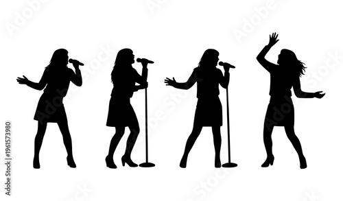 Female singer silhouette vector set with microphone performance poses isolated on white background