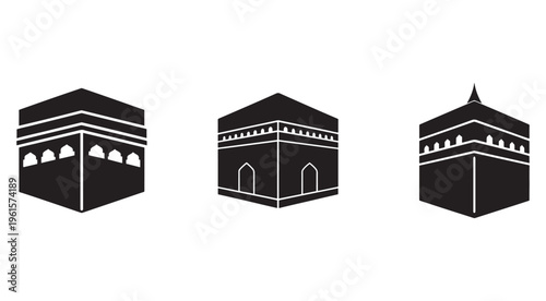 Islamic architecture Kaaba building icons in black and white  sacred cube structures with white outlines  isolated on white background
