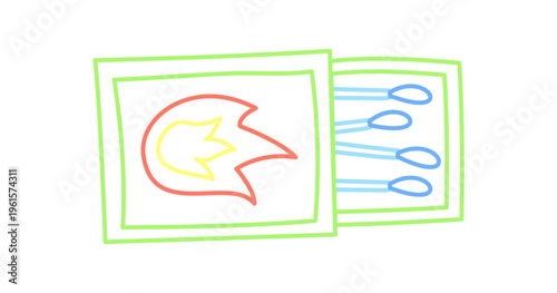 Matchbox icon as adventure camp equipment, created in sketch outline style with doodle line and color detail. Fire and campfire elements show outdoor graphic, perfect for camp themes.