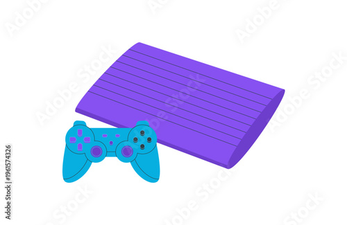 Retro blue console and gamepad in flat style sticker. Classic videogame gadget as sticker with joystick and controller for video game fun. Vintage electronic entertainment for gamers technology