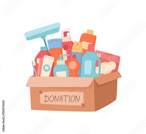 Household support help box in flat style. Charity goods as care gift for community and needy people. Donation box with aid product as symbol of help and support on clean background