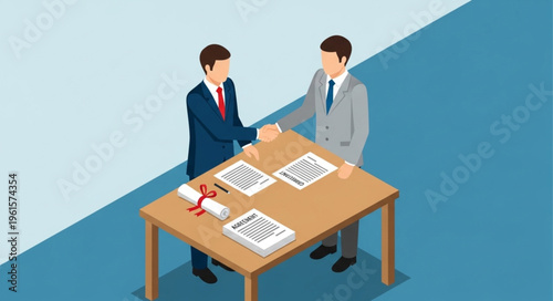 Businessmen shaking hands over a table with documents and a diploma.