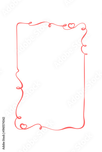 Whimsical hand drawn red ribbon frame. Romantic curly heart border as simple love decor. Cute vertical valentine card outline and decorative invite element for wedding or holiday celebration