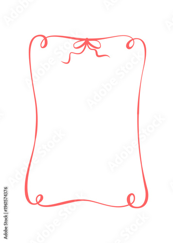 French hand drawn wedding ribbon frame in soft red line. Romantic bow border as whimsical vintage ornament for love invite or card. Cute coquette rectangle decor suits social media post and modern