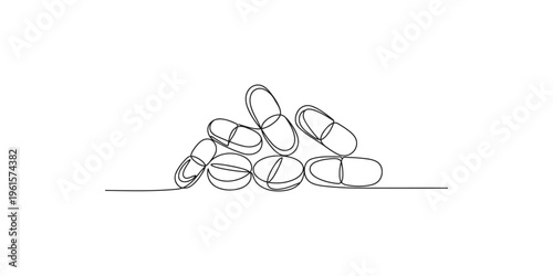 Continuous line drawing depicts a pile of capsule shaped pills or tablets high quality professional detailed modern
