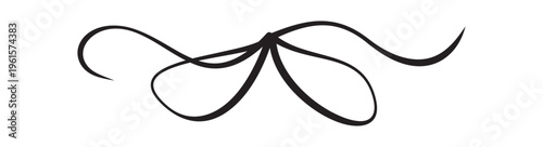 Romantic french wedding bow in black. Wavy ribbon knot appears as cute coquette ornament and simple doodle. Elegant decorative element suits vintage card or invite, white menu, party border and