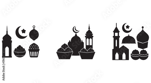 Ramadan Kareem festive icons with mosque silhouettes crescent moon stars dates cupcakes  Islamic holiday symbols