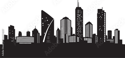 Modern city skyline silhouette in black and gray tones