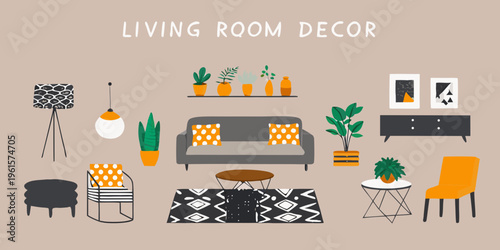 A modern living room decor illustration with furniture and plants
