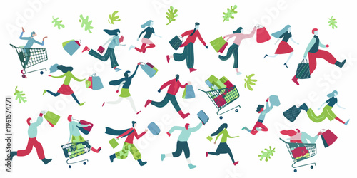 People enthusiastically shopping with colorful bags and overflowing carts