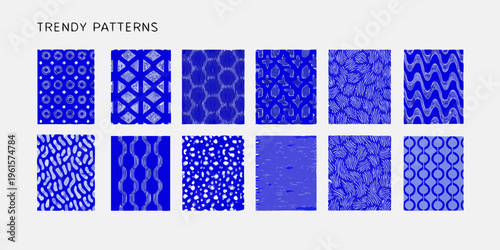 Collection of indigo colored abstract patterns arranged in a grid layout