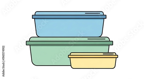 Colorful plastic storage containers stacked.