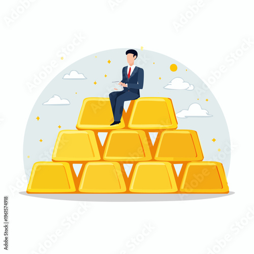 金インゴット山と小さな男性金融ビジネスベクター
