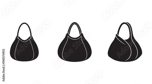 Set of black handbag silhouettes in different angles and positions  isolated on white background