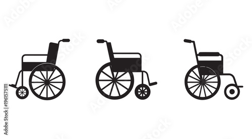 Set of black wheelchair icons in different positions and angles for accessibility symbols  various wheelchairs