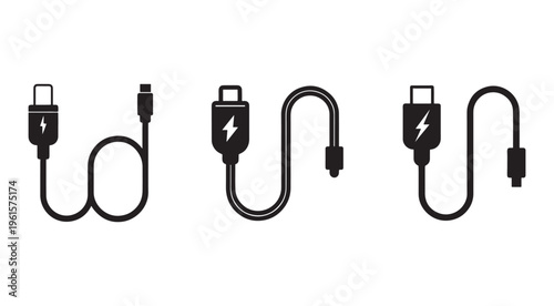 Set of electronic device charging cables with USB connectors and power symbol  electronic accessories for smartphones and tablets