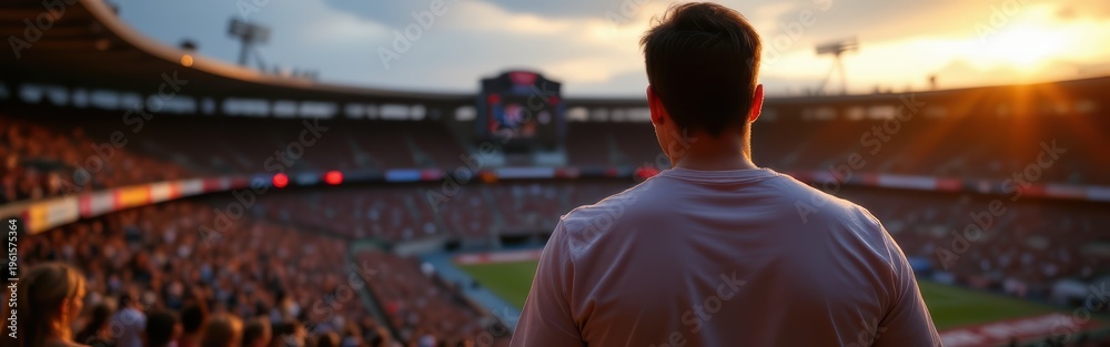 Fototapeta premium Man standing in stadium overlooking crowd and sports field at sunset
